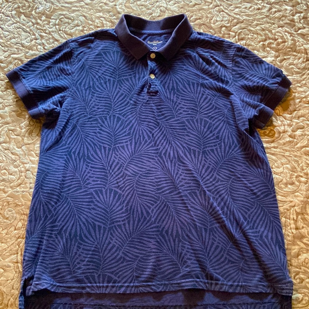 Goodfellow dark blue palm tree print polo shirt men’s Sz L